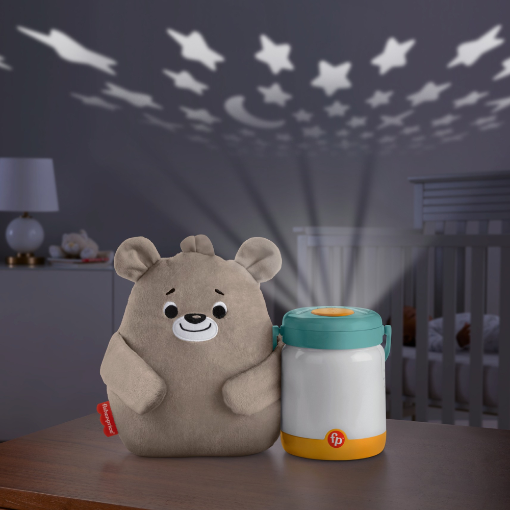 嬰兒睡眠訓練，推薦你選用「費雪安撫小熊奶瓶投影夜燈」